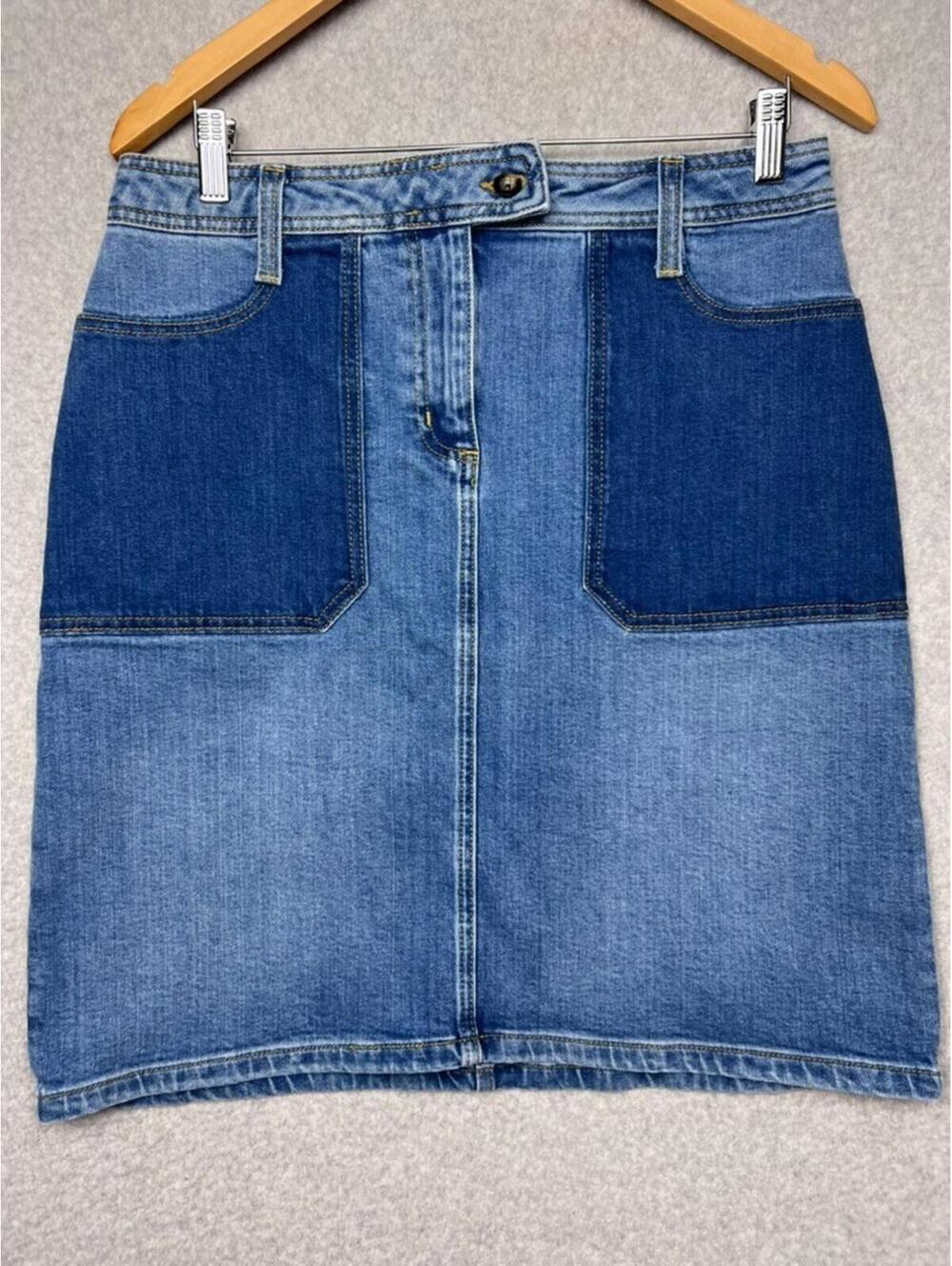 Boden Cavendish Two-Tone Denim Mini Skirt Patch Pocket Blue Boho EUC UK 12L /8 L